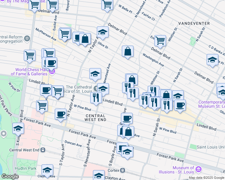 map of restaurants, bars, coffee shops, grocery stores, and more near 4355 Maryland Avenue in St. Louis