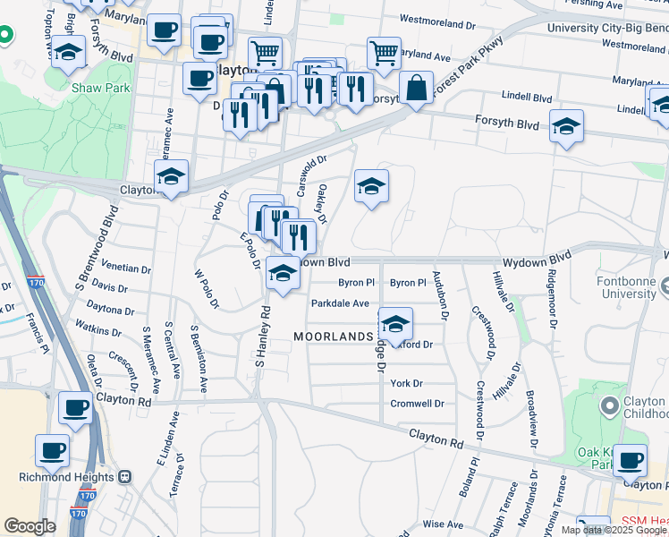 map of restaurants, bars, coffee shops, grocery stores, and more near 7536 Wydown Boulevard in Clayton
