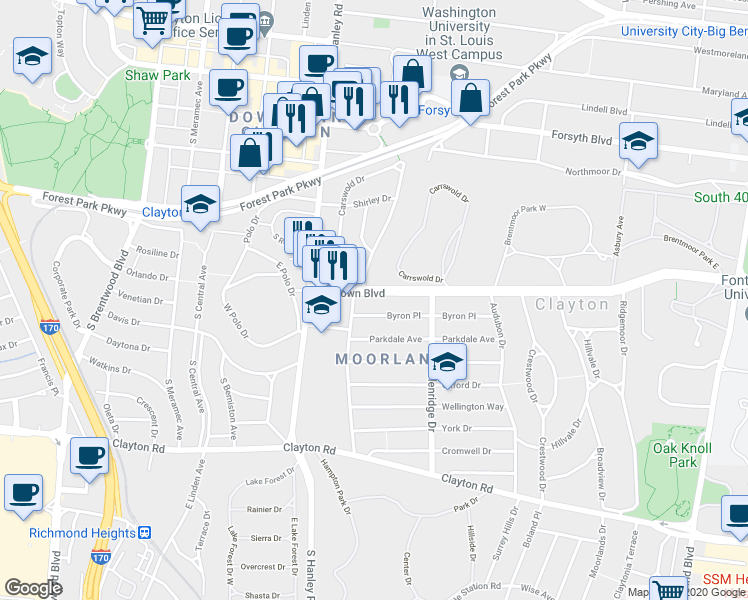 map of restaurants, bars, coffee shops, grocery stores, and more near 7536 Wydown Boulevard in Clayton