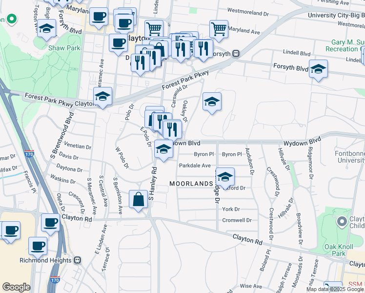 map of restaurants, bars, coffee shops, grocery stores, and more near 483 Edgewood Drive in Clayton