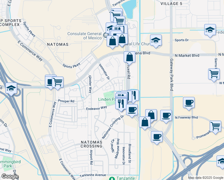 map of restaurants, bars, coffee shops, grocery stores, and more near 4059 Innovator Drive in Sacramento