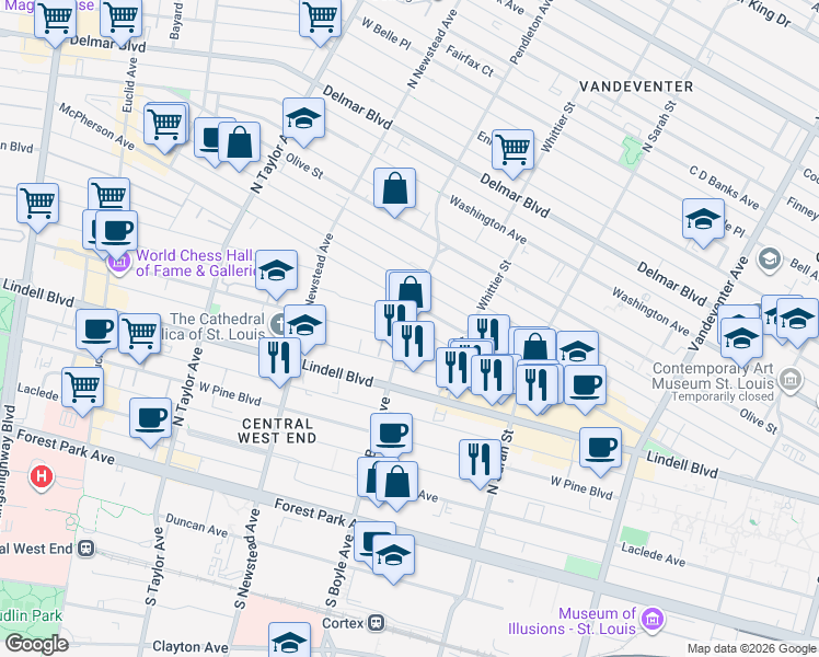 map of restaurants, bars, coffee shops, grocery stores, and more near 4317 Maryland Avenue in St. Louis