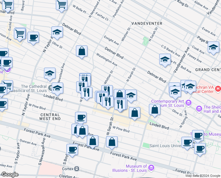 map of restaurants, bars, coffee shops, grocery stores, and more near 4142 Westminster Place in St. Louis