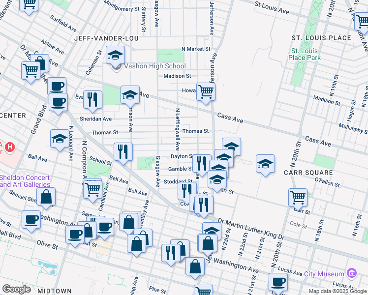 map of restaurants, bars, coffee shops, grocery stores, and more near 2801 James Cool Papa Bell Avenue in St. Louis