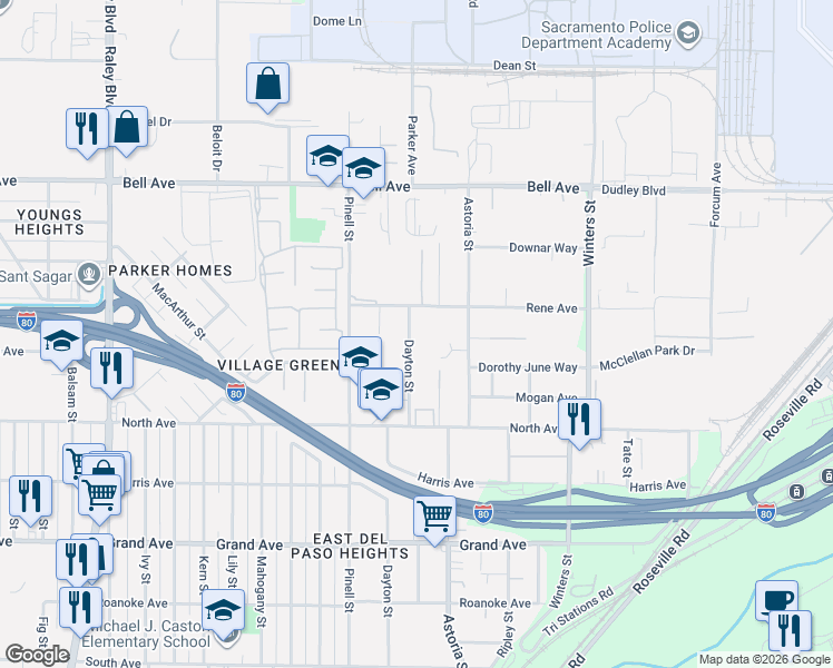 map of restaurants, bars, coffee shops, grocery stores, and more near 4120 Dayton Street in Sacramento