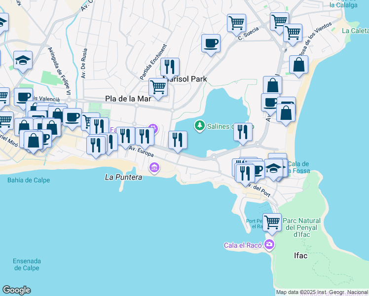 map of restaurants, bars, coffee shops, grocery stores, and more near 54 Avenida de los Ejércitos Españoles in Calp