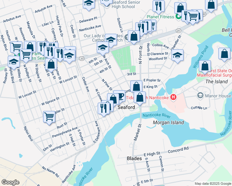 map of restaurants, bars, coffee shops, grocery stores, and more near 209 North Pine Street in Seaford