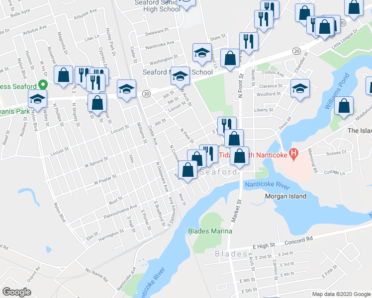 map of restaurants, bars, coffee shops, grocery stores, and more near 219 East Poplar Street in Seaford