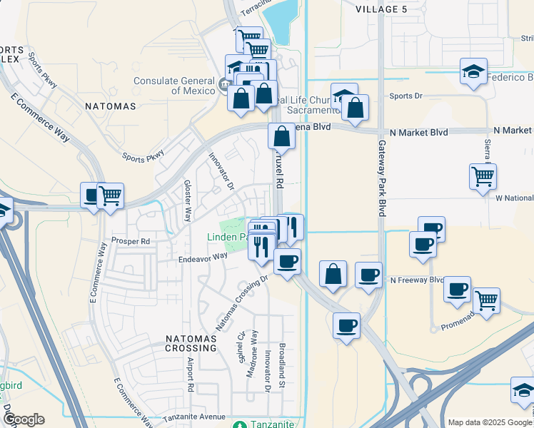 map of restaurants, bars, coffee shops, grocery stores, and more near 4000 Innovator Drive in Sacramento