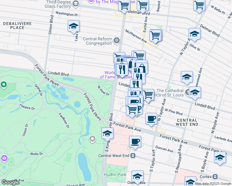 map of restaurants, bars, coffee shops, grocery stores, and more near 100 Kingshighway Boulevard in St. Louis