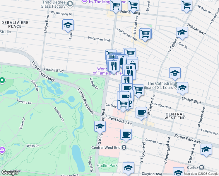 map of restaurants, bars, coffee shops, grocery stores, and more near 100 North Kingshighway Boulevard in St. Louis
