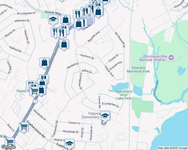 map of restaurants, bars, coffee shops, grocery stores, and more near 1405 Aiden Drive in Woodbridge