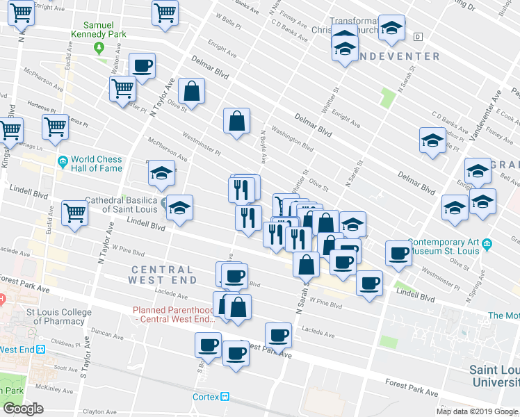 map of restaurants, bars, coffee shops, grocery stores, and more near 4242 McPherson Avenue in St. Louis