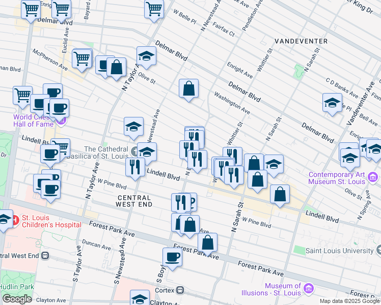 map of restaurants, bars, coffee shops, grocery stores, and more near 4317 Maryland Avenue in St. Louis