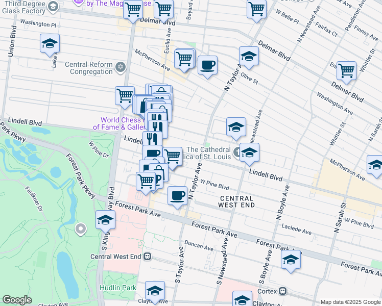 map of restaurants, bars, coffee shops, grocery stores, and more near 4545 Lindell Boulevard in St. Louis