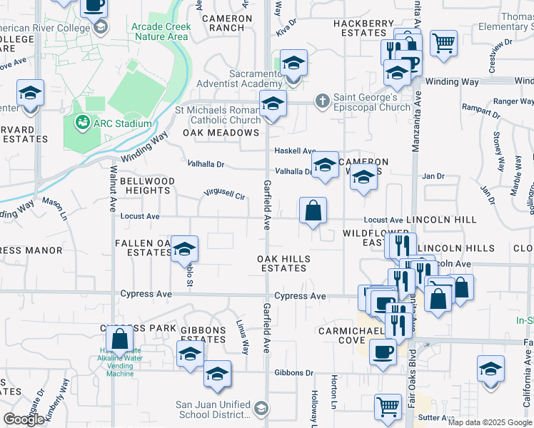 map of restaurants, bars, coffee shops, grocery stores, and more near Garfield Avenue in Sacramento County