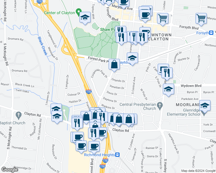 map of restaurants, bars, coffee shops, grocery stores, and more near 600S South Brentwood Boulevard in Clayton