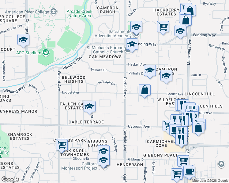 map of restaurants, bars, coffee shops, grocery stores, and more near 5419 Locust Avenue in Carmichael