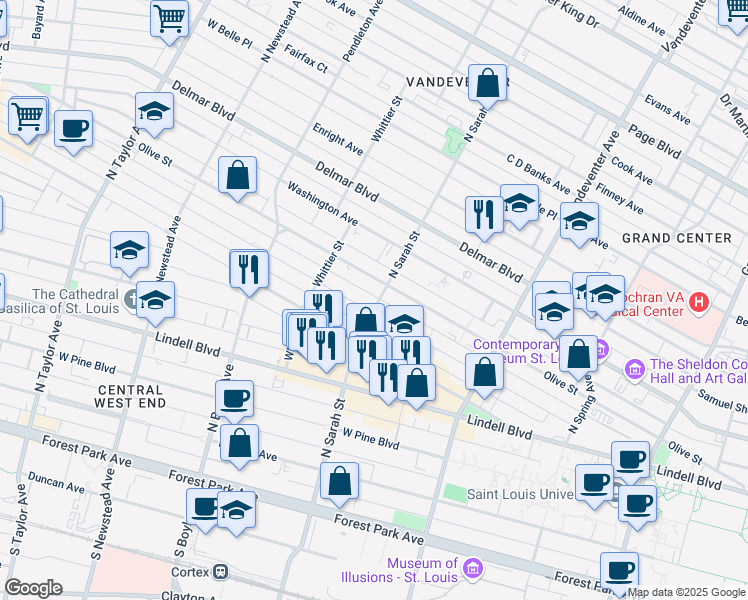 map of restaurants, bars, coffee shops, grocery stores, and more near 447 North Sarah Street in St. Louis
