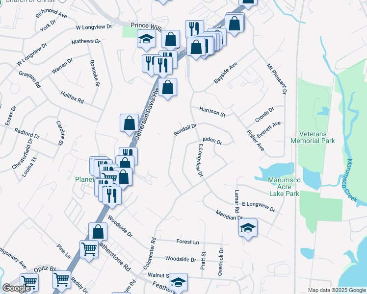 map of restaurants, bars, coffee shops, grocery stores, and more near 1510 Aiden Drive in Woodbridge