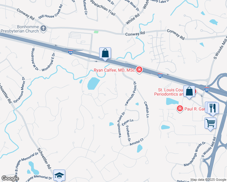 map of restaurants, bars, coffee shops, grocery stores, and more near 1582 Timberlake Manor Parkway in Chesterfield