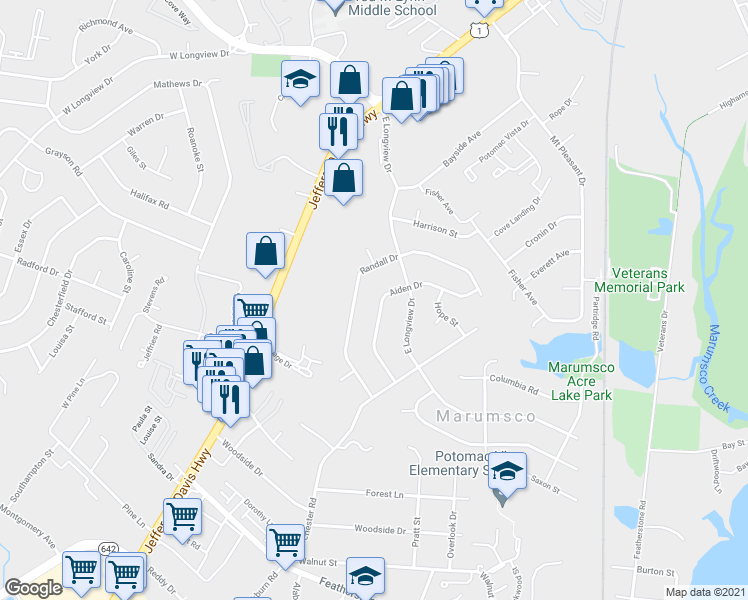 map of restaurants, bars, coffee shops, grocery stores, and more near 1510 Aiden Drive in Woodbridge