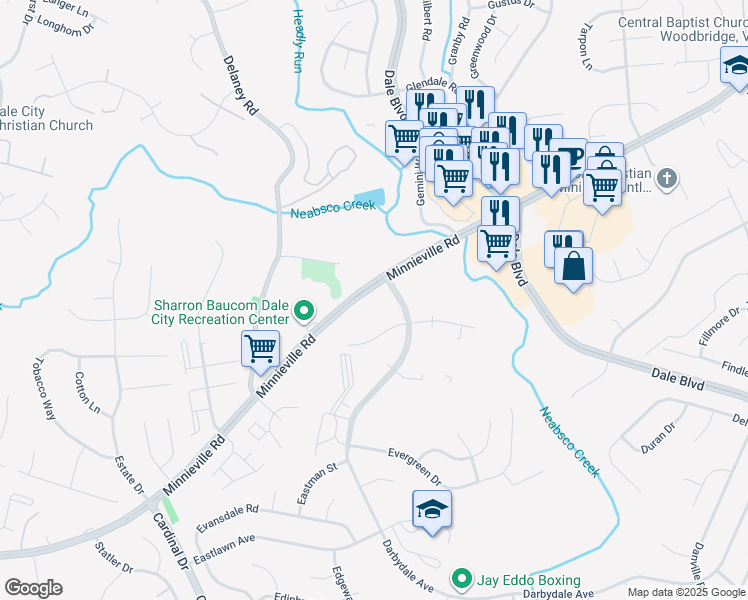 map of restaurants, bars, coffee shops, grocery stores, and more near 14384 Westminister Lane in Dale City