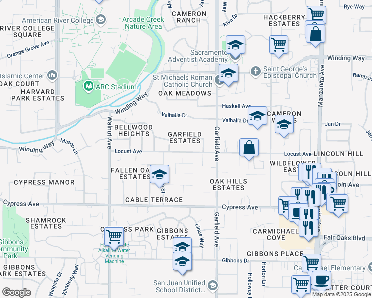 map of restaurants, bars, coffee shops, grocery stores, and more near 5349 Sedona Court in Carmichael