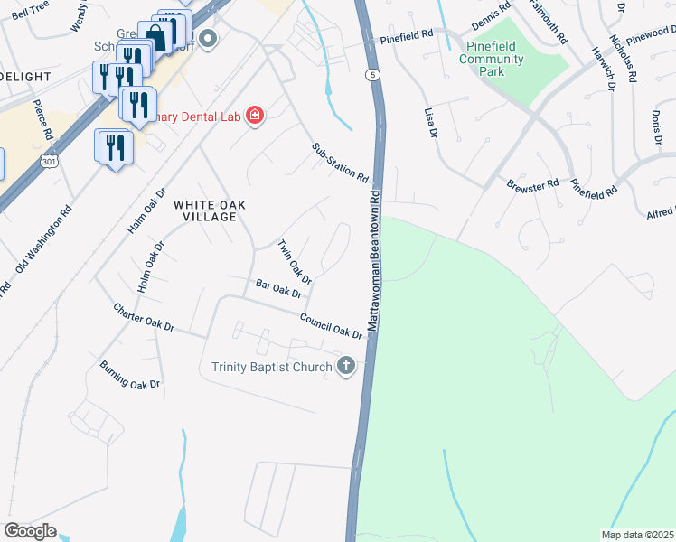 map of restaurants, bars, coffee shops, grocery stores, and more near 1632 Pin Oak Drive in Waldorf