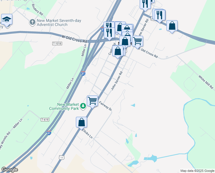 map of restaurants, bars, coffee shops, grocery stores, and more near 9586 South Congress Street in New Market