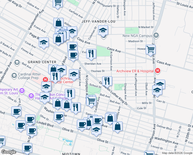 map of restaurants, bars, coffee shops, grocery stores, and more near 3099 James Cool Papa Bell Avenue in St. Louis
