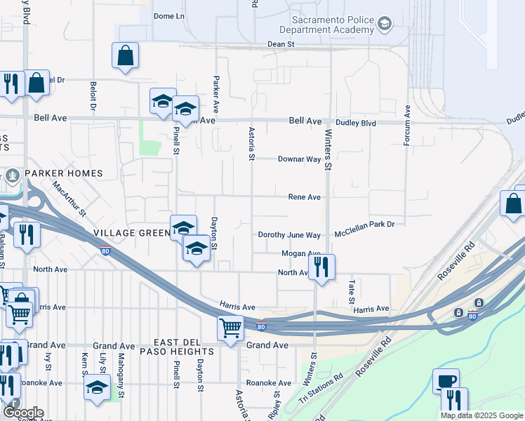 map of restaurants, bars, coffee shops, grocery stores, and more near 2207 Paul Avenue in Sacramento