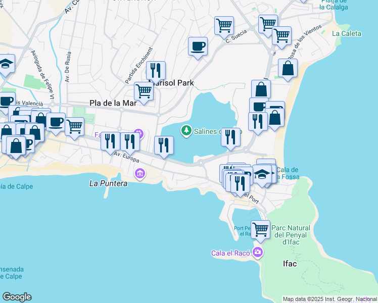 map of restaurants, bars, coffee shops, grocery stores, and more near 29-53 Avenida de los Ejércitos Españoles in Calp
