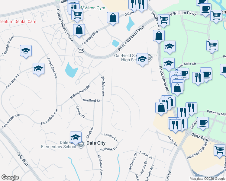 map of restaurants, bars, coffee shops, grocery stores, and more near 14227 Bremerton Drive in Woodbridge