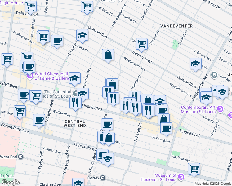 map of restaurants, bars, coffee shops, grocery stores, and more near 4242 McPherson Avenue in St. Louis