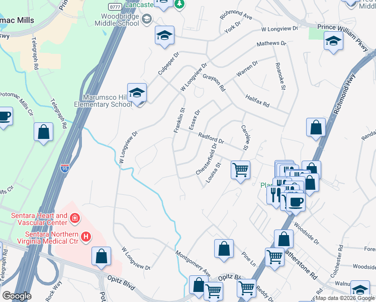 map of restaurants, bars, coffee shops, grocery stores, and more near 14211 Essex Drive in Woodbridge