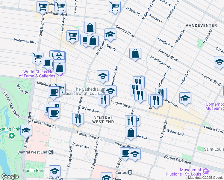 map of restaurants, bars, coffee shops, grocery stores, and more near 4396 Maryland Avenue in St. Louis