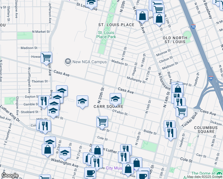 map of restaurants, bars, coffee shops, grocery stores, and more near 1920 Cass Avenue in St. Louis