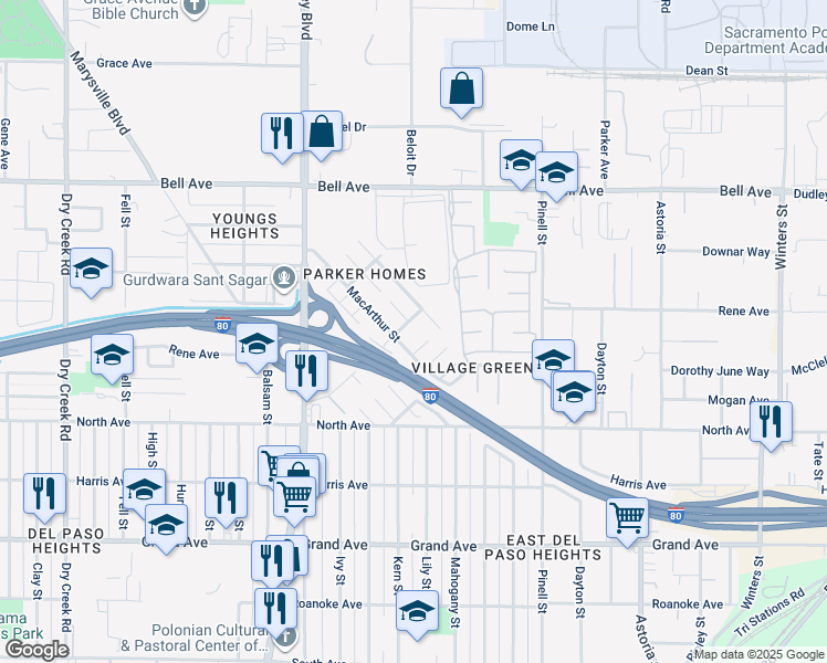 map of restaurants, bars, coffee shops, grocery stores, and more near 302 Doolittle Street in Sacramento