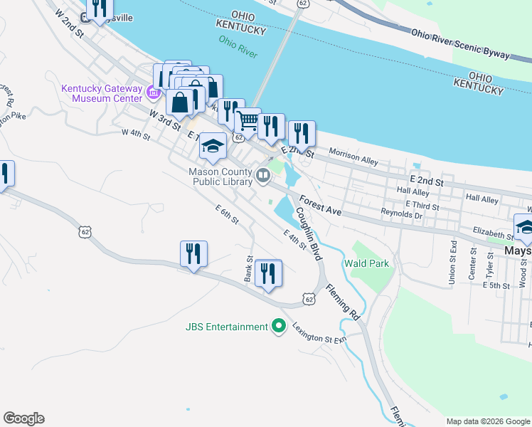 map of restaurants, bars, coffee shops, grocery stores, and more near 301 East 4th Street in Maysville
