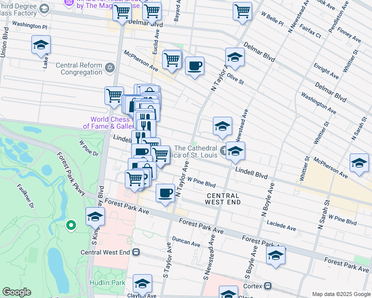 map of restaurants, bars, coffee shops, grocery stores, and more near in St. Louis