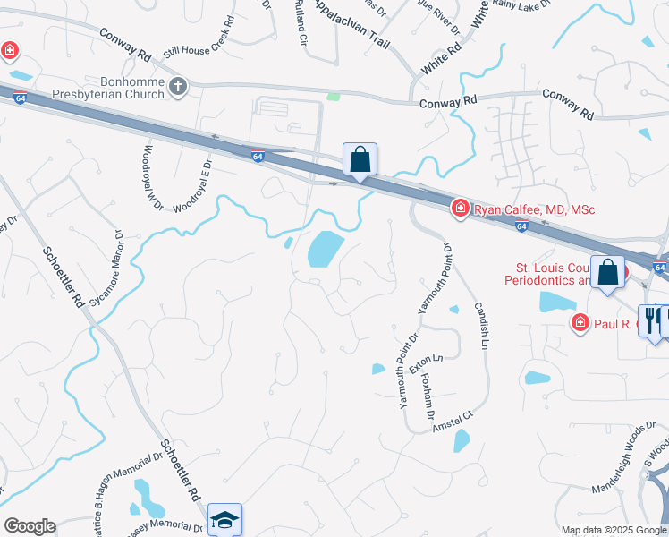 map of restaurants, bars, coffee shops, grocery stores, and more near 14643 Mallard Lake Drive in Chesterfield