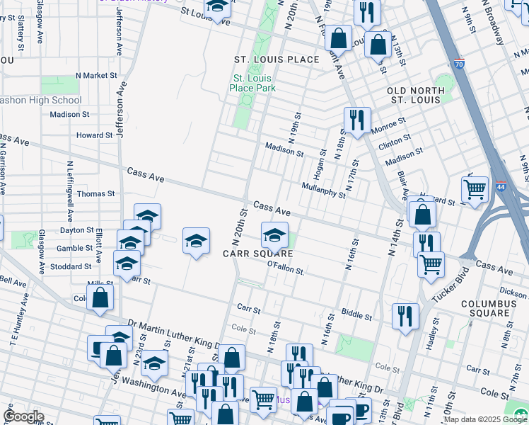 map of restaurants, bars, coffee shops, grocery stores, and more near 1920 Cass Avenue in Saint Louis