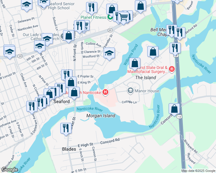 map of restaurants, bars, coffee shops, grocery stores, and more near 802 Middleford Road in Seaford