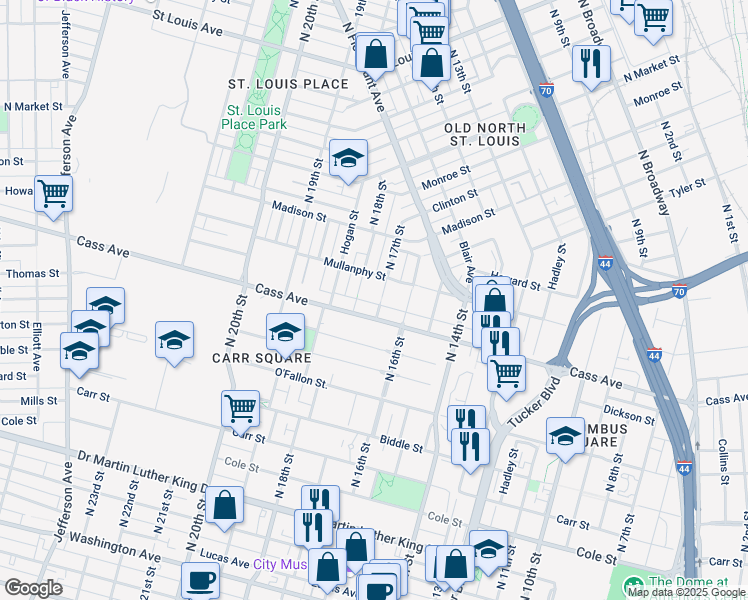 map of restaurants, bars, coffee shops, grocery stores, and more near 1519 North 17th Street in St. Louis