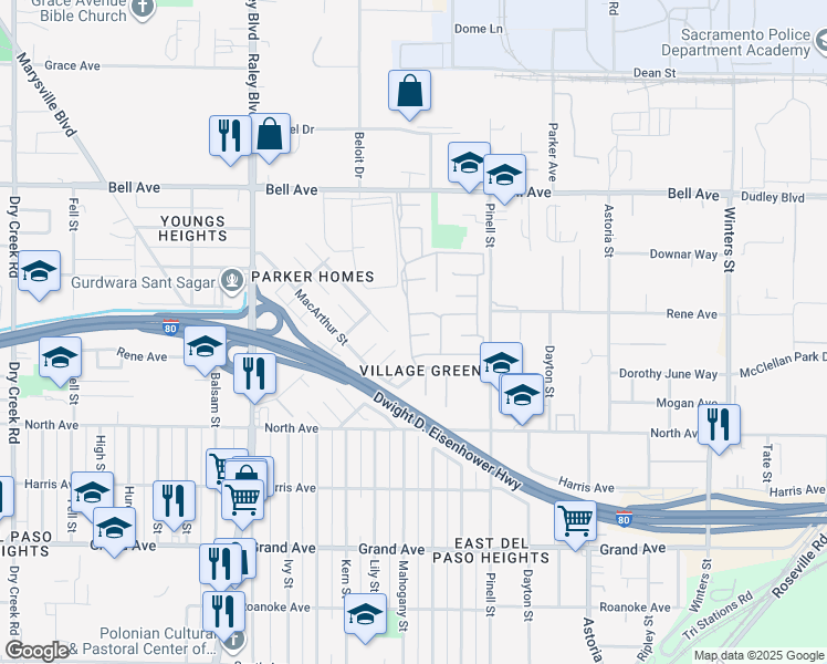 map of restaurants, bars, coffee shops, grocery stores, and more near 101 Nimitz Street in Sacramento
