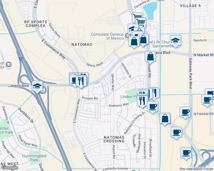 map of restaurants, bars, coffee shops, grocery stores, and more near 4145 Sally Ride Way in Sacramento