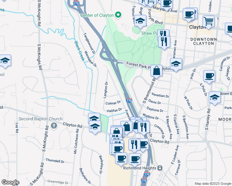 map of restaurants, bars, coffee shops, grocery stores, and more near 8101 Edinburgh Drive in Clayton