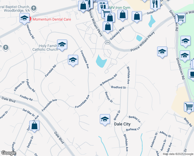 map of restaurants, bars, coffee shops, grocery stores, and more near 3402 Fitchburg Court in Woodbridge