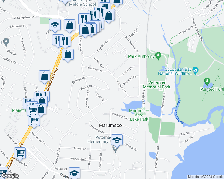 map of restaurants, bars, coffee shops, grocery stores, and more near 14102 Randall Drive in Woodbridge